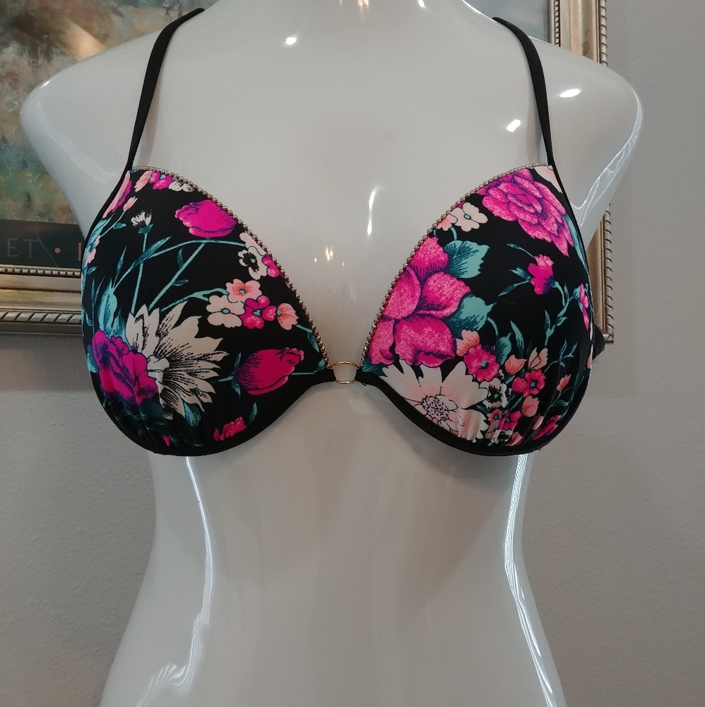 Molded padded cup bikini top with underwire,gold trim, tie back size 34D
